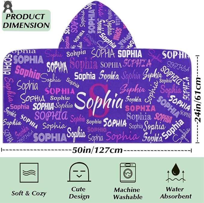 Personalized Hooded Bath Towel Wrap - Large Hooded Kids Towel Toddler Shower Pool Beach Towel Soft Plush Absorbent Quick Dry Towel, 24x50in, Dark Orchid Purple Color