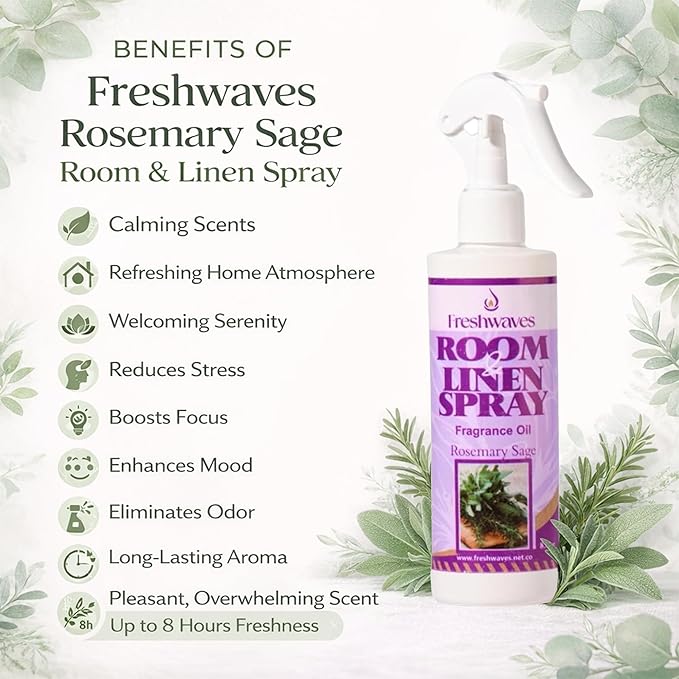 Freshwaves Room & Linen Spray | Rosemary Sage Fragrance Oil | 8.8oz White Trigger Bottle | Air Spray Freshener | Room Spray Odor Eliminator