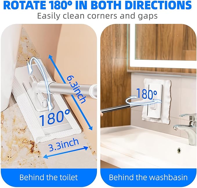 Press Grip Mini Mop, Zero-Touch Gap Dust Cleaner with 39in Lazy Mop & Hands-Free Lock Head, Disposable Dust Mop for House Wall Bathroom Toilet Corners Multi Surface Cleaning with 5 Cloths