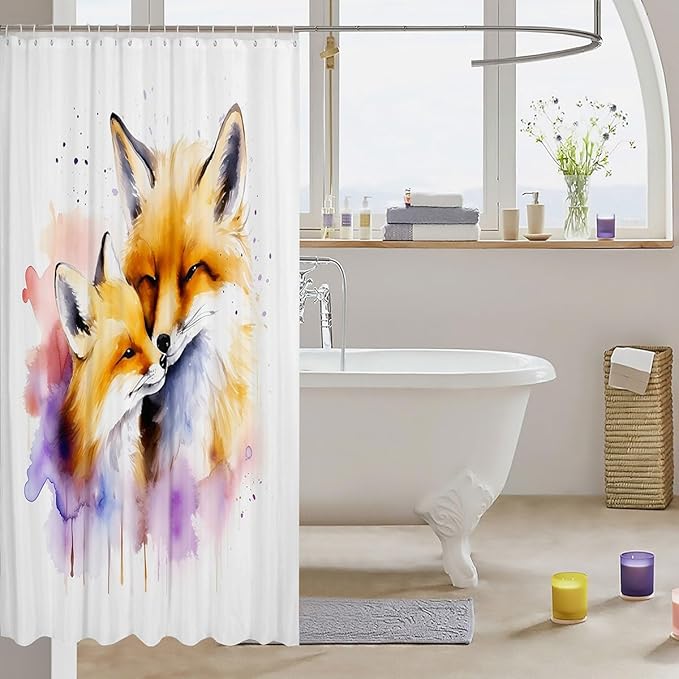 Feelyou Cute Fox Bathroom Shower Curtain Set Cartoon Fox Shower Curtain 3D Animal Theme Bath Curtain for Stalls Bathtubs Nature Microfiber Waterproof Bathroom Curtains Room Decor 72x84 Inch