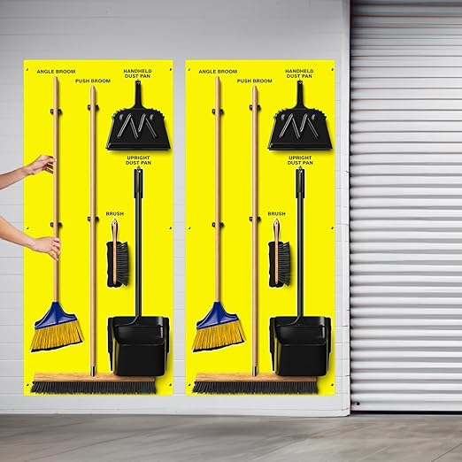 Clean & Sweep 5S Shadow Board/Wall Mount Broom Holder, 68" x 30" Board, 5S Cleaning Station - with Broom and Dustpan Set Included, Made in The USA by AccuformNMC, Yellow/Black, PSB716YLBK