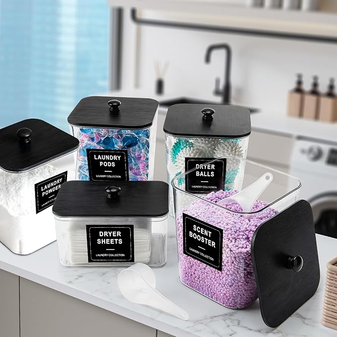 5 Pack Laundry Pods Container, Clear Laundry Room Organization Containers,Large Laundry Detergent Powder Storage Containers Black Wooden Lids & Labels, Acrylic Dryer Sheet Holder Decor