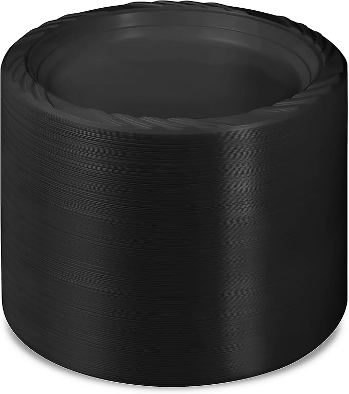 Munfix 200 Black Plastic Plates Set - 9 Inch Disposable Dinner Plates Bulk Pack for Party BBQ, Picnic, Parties, Travel and Events, Microwavable Recyclable