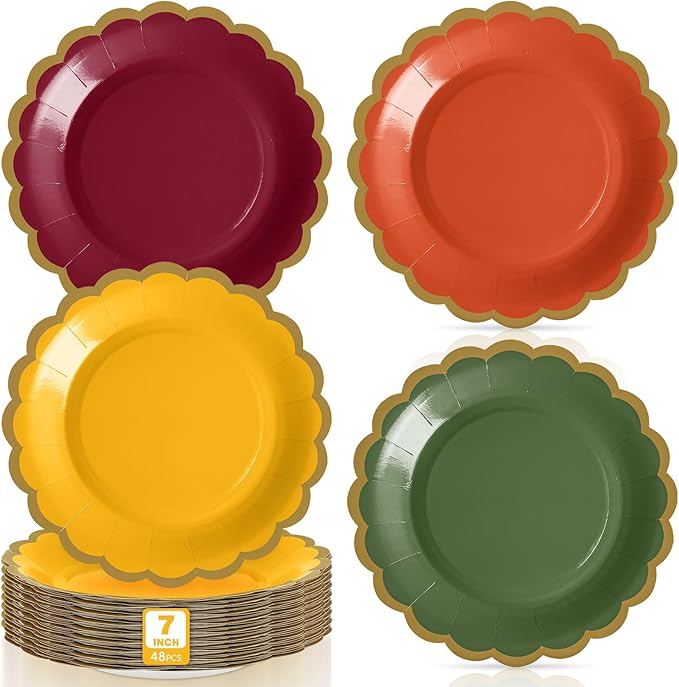 48 Pcs Fall Paper Plates 7 Inch Thanksgiving Dessert Scalloped Edge Disposable Gradient Color Dinner Plates for Fall Wedding Birthday Baby Shower Party Supply