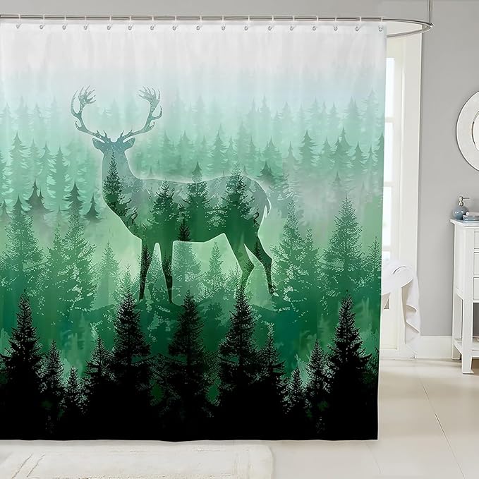 Deer Bath Curtain Kids Botanical Forest Shower Curtain Boys Girls Decor Deer Hunting Bathroom Shower Curtain Set Polyester Farmhouse Wild Animal Green Kids Bathroom Accessories Quilt Cover 72"x72"