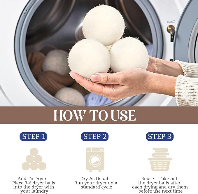 Large Wool Dryer Balls, New Zealand Dryer Balls Laundry Reusable Reduce Static Cling, Dryer Ball to Reduce Wrinkles & Shorten Drying Time, Drying Balls Fabric Softener Ball for Laundry（Pack of 6 XL)