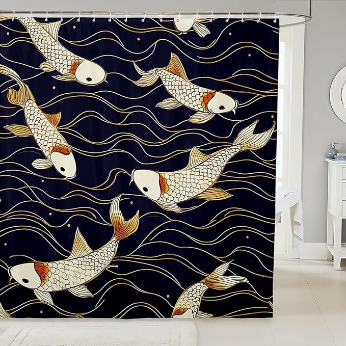 Feelyou Japanese Koi Shower Curtain Kids Japanese Wave Bathroom Shower Curtain Set for Teens Ocean Wave Bath Curtain Waterproof Nautical Marine Sea Wave Theme Blue Kids Bathroom Accessories 72"x78"