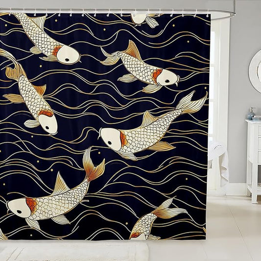 Feelyou Japanese Koi Shower Curtain Kids Japanese Wave Bathroom Shower Curtain Set for Teens Ocean Wave Bath Curtain Waterproof Nautical Marine Sea Wave Theme Blue Kids Bathroom Accessories 72"x78"