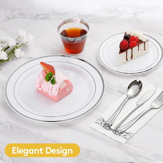 Goodluck 175 Pieces Silver Dinnerware Set for 25 Guests, Plastic Plates Disposable for Party, Include: 25 Silver Dinner Plates, 25 Dessert Plates, 25 Paper Napkins, 25 Cups, 25 Silverware Set