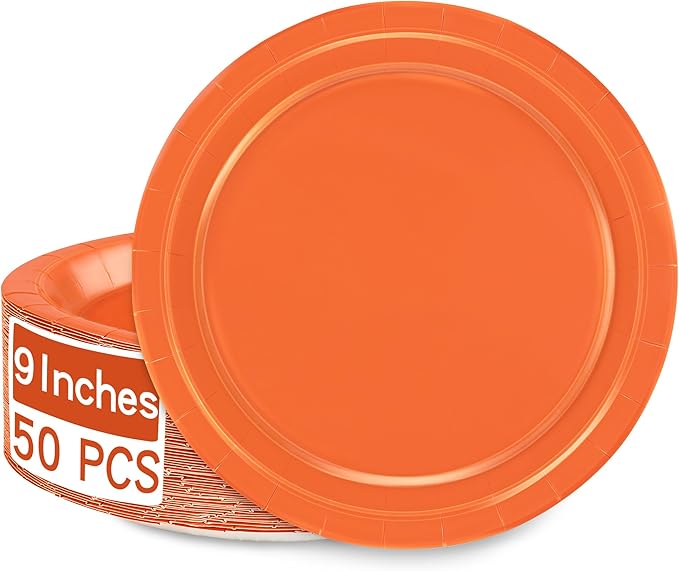 QZYL Disposable Paper Plates Set, 50 PCS Orange Dinner Paper Plates, Round 9 Inches Party Plates Pack for Daily Meal Picnic Anniversary Thanksgiving Festival Gathering Party Supplies