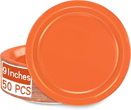 QZYL Disposable Paper Plates Set, 50 PCS Orange Dinner Paper Plates, Round 9 Inches Party Plates Pack for Daily Meal Picnic Anniversary Thanksgiving Festival Gathering Party Supplies
