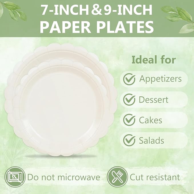 Mulbozy 100 Cream Plates and Napkins Disposable Set Includes 25-9" & 25-7" Dessert Cake Scalloped Plates, Cocktail Napkins, Forks for for Holiday Party Supplies