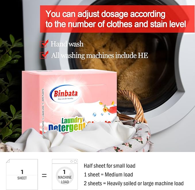 Binbata Laundry Detergent Sheets - Up To 128 Loads, Hypoallergenic, Eco-Friendly Peach Scent, Biodegradable, Plastic Free, Liquidless Laundry Sheets Suitable for Sensitive Skin