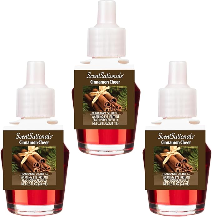 ScentSationals Cinnamon Cheer Fragrance Oil Plug In Air Freshener Refills 3-Pack - Works with Scentsationals Wall Plugs, Long-Lasting Home Fragrance, 0.8 fl oz Each, Packaging May Vary