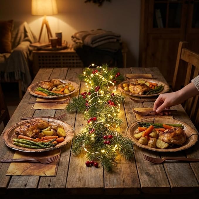 100 Pcs Rustic Wood Grain Slice Party Supplies for 25 Guests, Heavy-Duty 7" & 9" Paper Plates, 2-Ply 13" Napkins & Plastic Forks, Disposable Tableware Set for Camping Forest Woodland Party