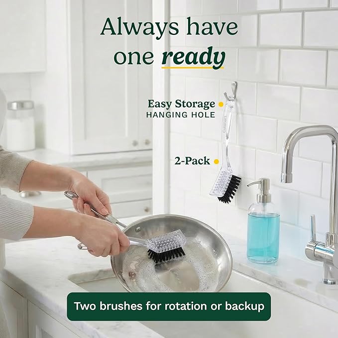 Cuisinart Dish Brush with Handle 2 Pack – Kitchen Scrub Brush for Dishes, Pots & Pans, Non-Scratch Dish Scrubber, Firm Bristles for Sink & Cookware, Comfortable Grip for Everyday Cleaning