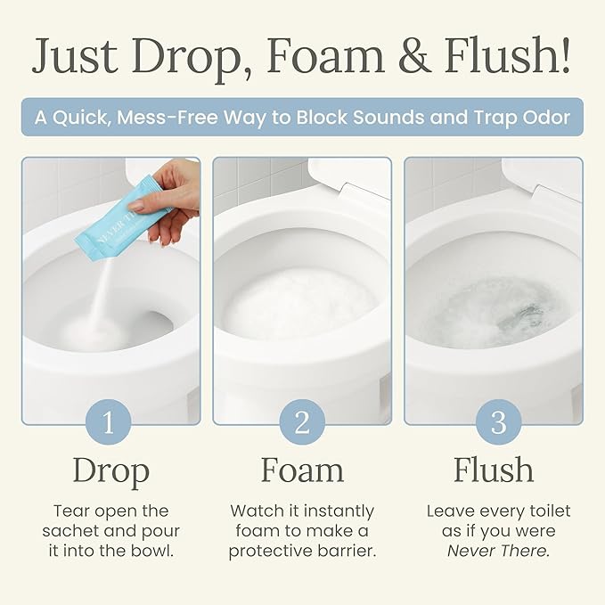 Never There Toilet Foam Bombs - 14 Count Discreet & Portable Lavender Scent Foaming Powder | On-The-Go Toilet Refresher for Bathroom Anxiety | Instantly Eliminates Odor, Sound & Stains