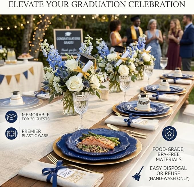 COLOSUS Navy Blue Disposable Plastic Party Plates Set Include 60pcs (30 guest) Dinner plate and Dessert Plate Heavy weight Party Dinnerware Plates