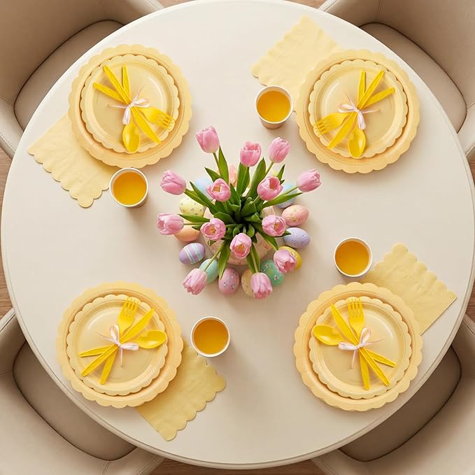 Ziliny 350 Pcs Light Yellow Plates and Napkins, 50 Guest Spring Easter Party Supplies Include Scalloped Paper Plates Napkins Cups Plastic Spoons Forks Knives Disposable Tableware Set for Baby Shower
