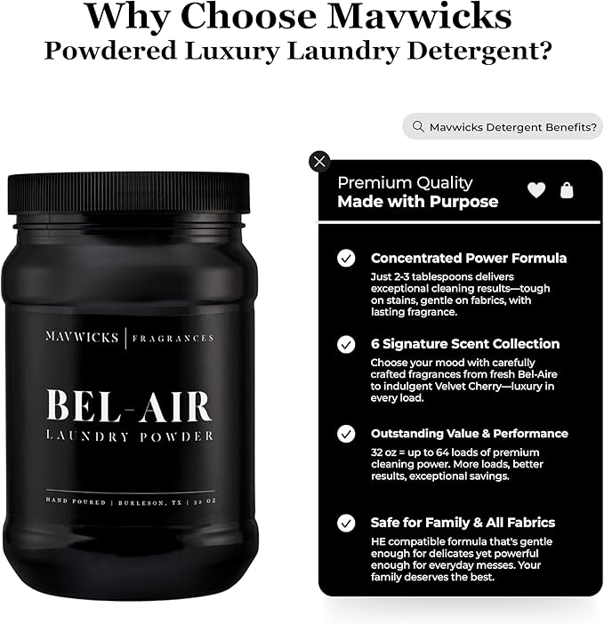 Mavwicks - Luxury Laundry Detergent Powder (Bel-Aire) 32 Oz – Concentrated for Tough Stains and Odors, For All Washing machine types – Gentle on Fabrics