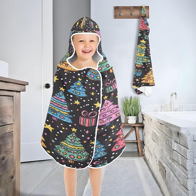 Blueangle Kids Bath Towel Wrap - Cartoon Christmas Trees Hooded Kids Towel - Super Soft Absorbent Quick Dry Toddler Shower Pool Beach Towel