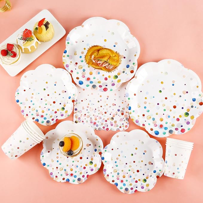 Colorful Birthday Plates and Napkins 350PCS Confetti Colorful Paper Plates Happy Birthday Disposable Tableware Set Serve 50 for Art Paint Party Supplies Bubble Decorations