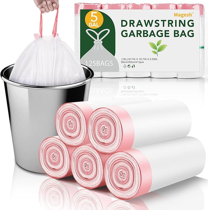 5 Gallon Trash Bags Drawstring Unscented - 1.1 Mil White Small Garbage Bags 125 Count 18 Liter Recycling Small Wastebasket Plastic Bags Kitchen Office Bathroom Liners Strong Thick Bulk Magesh