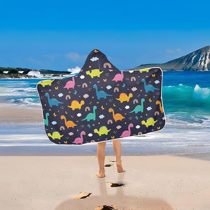 susiyo Kids Hooded Bath Towel Dinosaurs Clouds Beach Towel for Kids 23.5 x 50 Inch Microfiber Soft Absorbent Quick Dry Bath Swim Pool Towel Wrap Poncho Bathrobe with Hood for Kids Toddler
