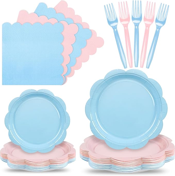 96 Pcs Baby Gender Reveal Plates and Napkins Set Party Supplies, Tableware set for 24 Guest include Light Pink and Blue Scalloped Plates, Napkins and Forks for Baby Shower Gender Reveal Party