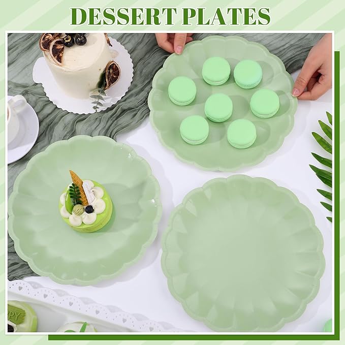 NatNarr 30 Pcs Sage Green Paper Plates 9.5 In Green Plates Disposable Heavy Duty Scalloped Party Plate with Shell Edge for Wedding Birthday Bridal Shower Baby Shower