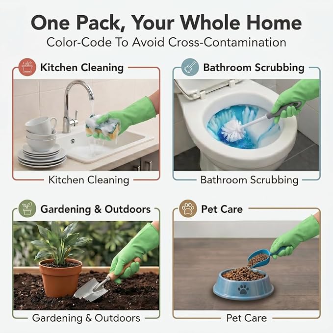 ForPro Natural Rubber Gloves, 6 Pairs Reusable Multi-Purpose Household Cleaning Gloves with Soft Inner Lining, Waterproof & Chemical-Resistant, Lime Zest, Large