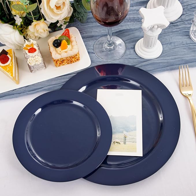 FLOWERCAT 100PCS Blue Plastic Plates - Heavy Duty Blue Disposable Plates for Memorial/Birthday Party/Graducation - Include 50PCS 10.25inch Dinner and 50PCS 7.5inch Dessert/Salad Plates for 50 Guests