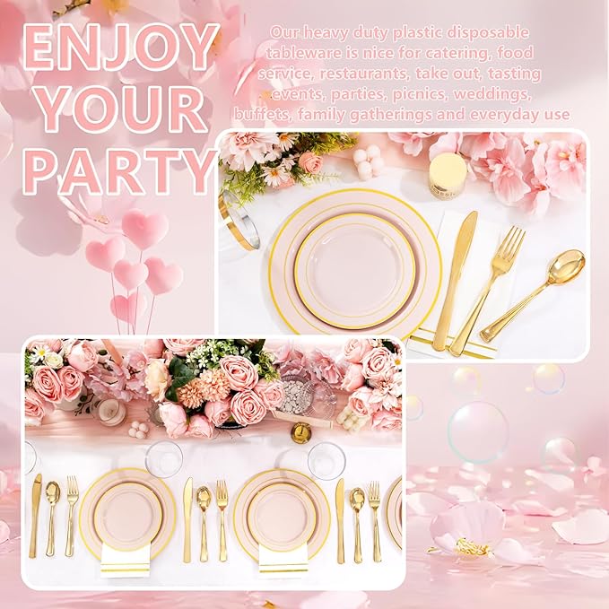 GATHER 350PCS Pink Plastic Plates - Disposable Plastic Dinnerware Set Include 100 Pink Plates, 150 Silverware, 50 Napkins, 50 Cups for Party & Wedding & Baby Shower