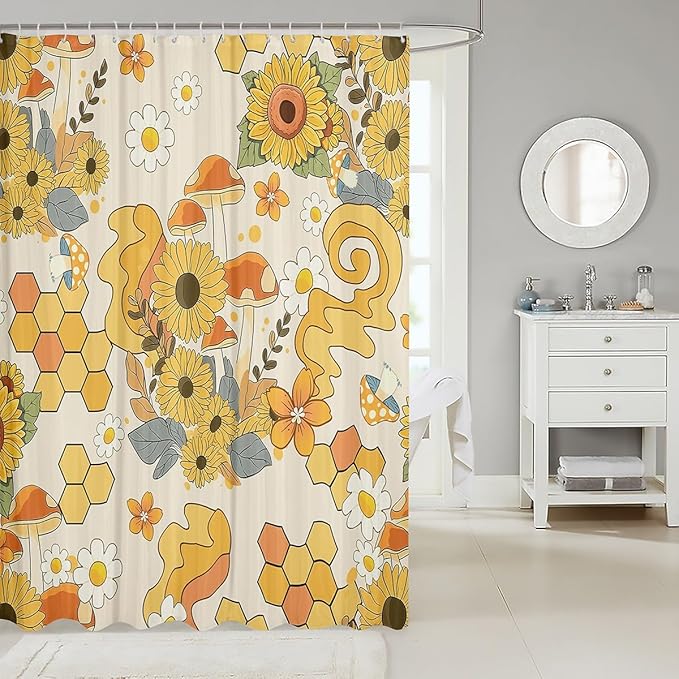 Erosebridal Groovy Flower Girls Shower Curtain for Kids, Yellow Florals White Daisy Bathroom Curtain All-Season, Trendy Honeycomb Printed Bath Curtains, Cute Bathroom Accessories, 72" W x 84" L