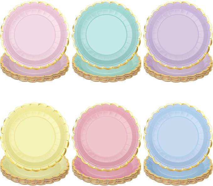 peony man 24 Pcs Pastel Scalloped Paper Plates Disposable Macaron Party Plates 9 Inch Gold Edge Colorful Dinner Plate Pastel Rainbow Dessert Plate for Wedding Birthday Baby Shower Party Supplies
