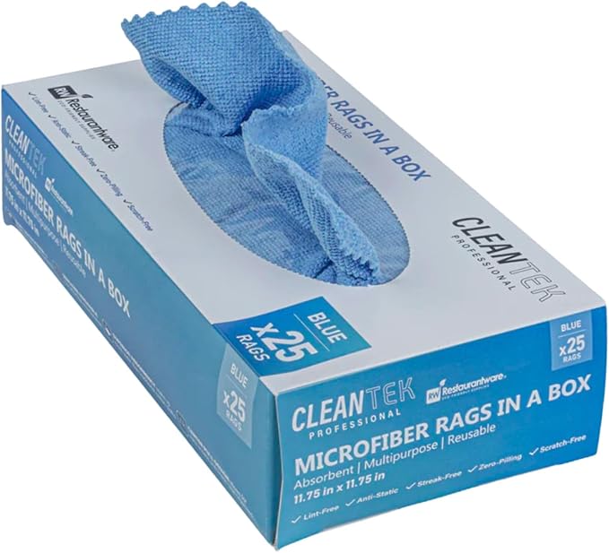 Restaurantware-Clean Tek Professional 11.81 x 11.81 Inch Microfiber Rags In a Box, 25 Absorbent Cleaning Cloths - No-Scratch, Blue Microfiber Reusable Edgeless Cleaning Towels, Leaves No Streak