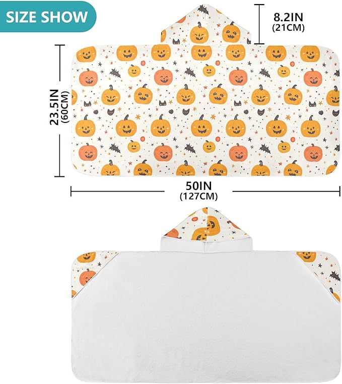 Kid Beach Towel Halloween Cartoon Pumpkins White Hooded Towels for Toddlers Lightweight Bath Towels with Hood