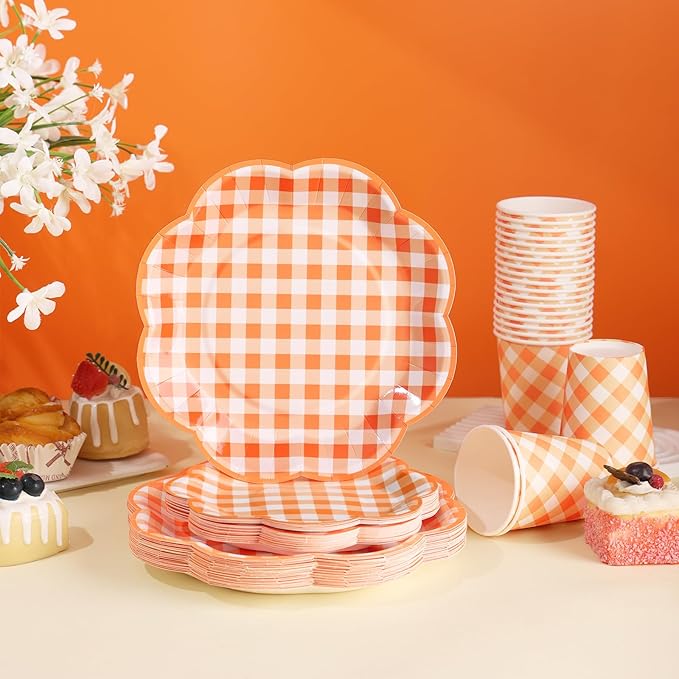 175 Pcs Orange and White Gingham Party Supplies - Orange Gingham Paper Plates and Napkins Sets Serve 25 - Disposable Scalloped Checkered Plates for Birthday Dinner Picnic BBQ Fall Party Decorations