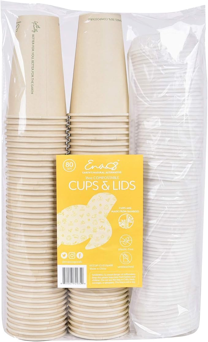 Earth's Natural Alternative 100% Compostable Disposable Coffee Cups with Lids [16oz 80 Set] Paper Cups Made from Unbleached Bamboo Fiber, Compostable, To Go Coffee Cups with Lids
