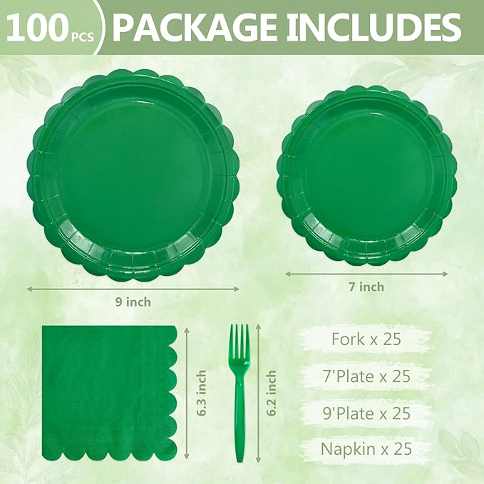 Mulbozy 100 Green Plates and Napkins Disposable Set Includes 25-9" & 25-7" Dessert Cake Scalloped Plates, Cocktail Napkins, Forks for for Holiday Party Supplies