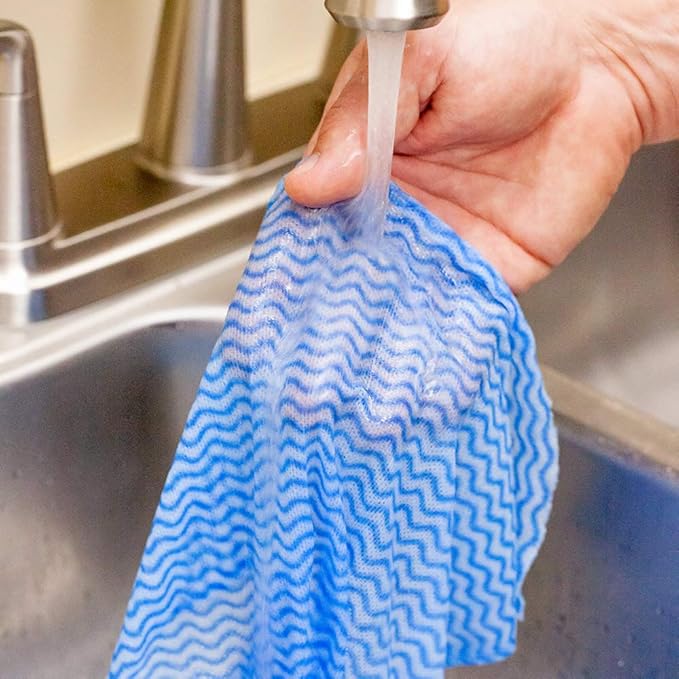 Restaurantware RW Clean 23.6 x 11.8 Inch Reusable Cleaning Cloths 100 Wipes All-Purpose Dish Wipes- Durable Machine-Washable Blue Viscose Disposable Cloths Pre-Cut Rectangle