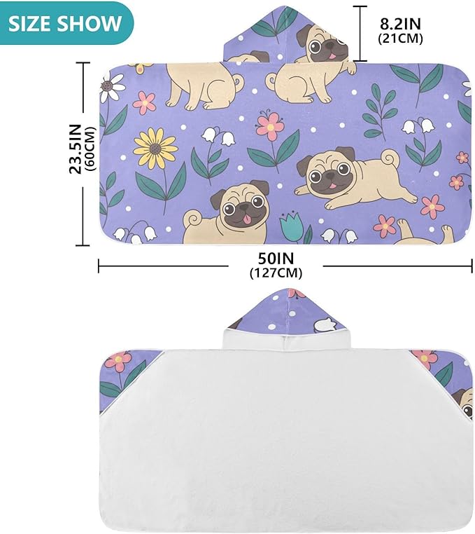 SUABO Kids' Bath Towels Pugs and Flowers Hooded Towels for Boys Girls,Toddler Towels Multi-Purpose for Beach,Pool and Bathroom,23.5" x 50", Soft and Highly Absorbent