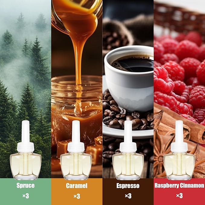 Plug In Refills Air Freshener, Spruce, Caramel, Espresso, Raspberry Cinnamon, for Home and Bathroom 7.92 Fl Oz, 12 Count, Compatible with Air Wick & Glade Not Include Glade Plus
