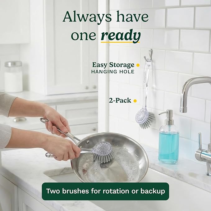 Cuisinart Dish Brush with Handle 2 Pack – Kitchen Scrub Brush for Dishes, Pots & Pans, Non-Scratch Dish Scrubber, Firm Bristles for Sink & Cookware, Comfortable Grip for Everyday Cleaning