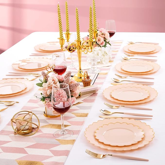 LIYH 60 Pcs Pink Plastic Plates with Gold Pink Plates Disposable Plate Includes 30 Dinner 10.25" and 30 Dessert Plate 7.5" for Baby Shower,Weddings,Parties,Birthday,Mothers Day