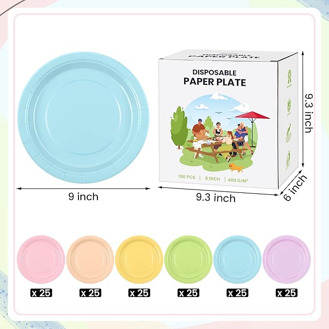 Kochorie 150 Pieces Pastel Rainbow Disposable Paper Plates 9 Inch Heavy Duty Dinner Plates, Solid Color, Table Decorations Party Supplies for Birthdays, Weddings, Daily Use