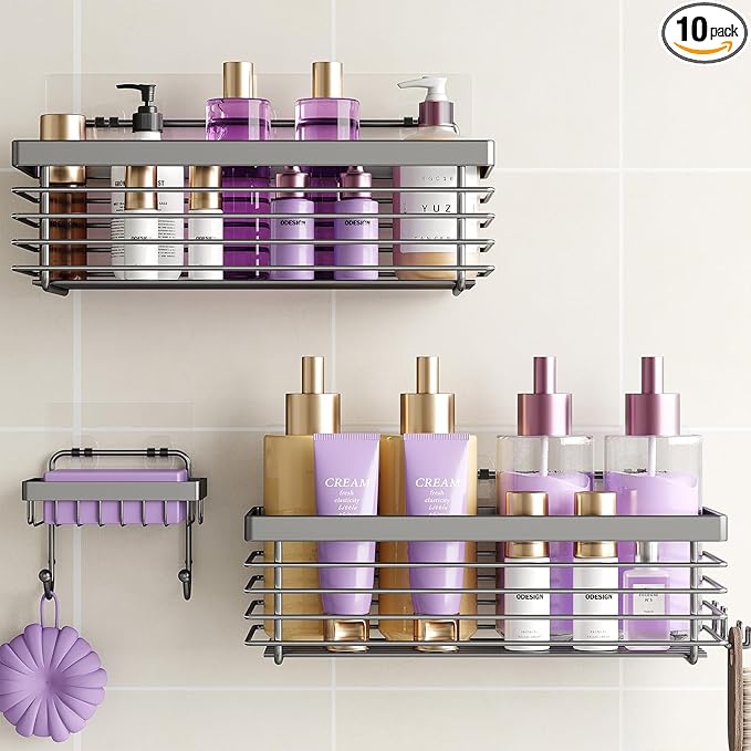 ODesign Shower Caddy 3 Pack SUS304 Stainless Steel-No Drilling-Shower Bathroom Shelves Rack,Rustproof Wall Mounted,Adhesive Shower Shelf Basket Organizer-Grey