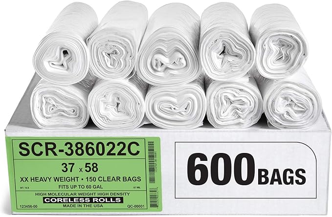 Aluf Plastics 55-60 Gallon Trash Bags Source Reduction Series Value High Density 22 Micron Gauge (equiv) - Intended for Home, Office, Bathroom, Paper, Styrofoam (Pack of 600)