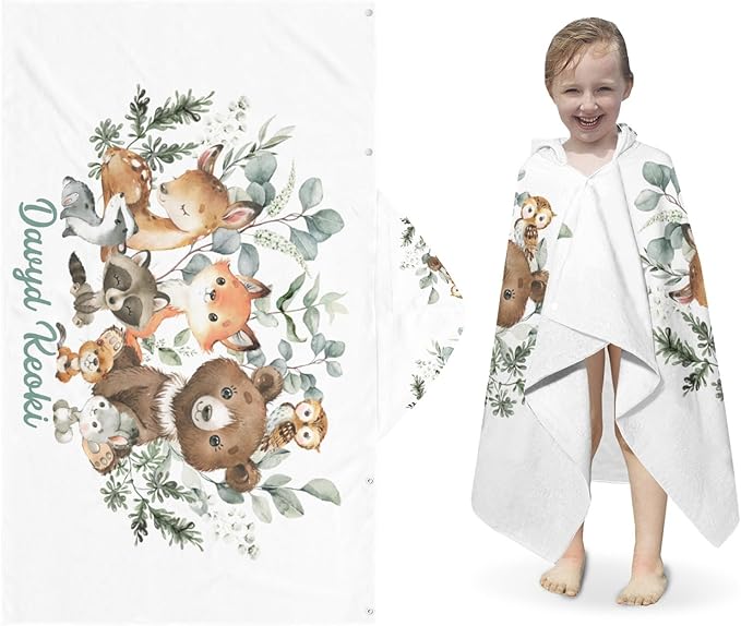 Greenery Woodland Animal Personalized Kids Hooded Towel with Name Soft Absorbent Beach Pool Bath Towels Hood Poncho for Boys Girls