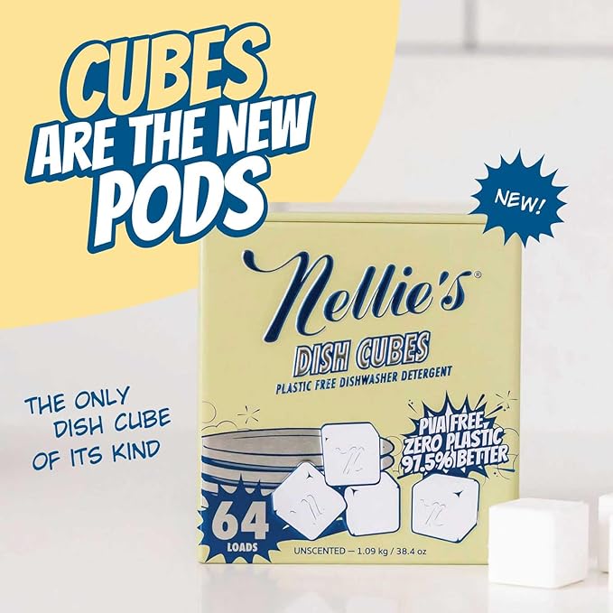 Nellie’s Dish Cubes – 64 Loads Dishwasher Detergent – Concentrated Formula – Plastic-Free Formula (PVA-Free) – Tin Packaging – Powerful Cleaning for Grease & Grime – Made in Canada